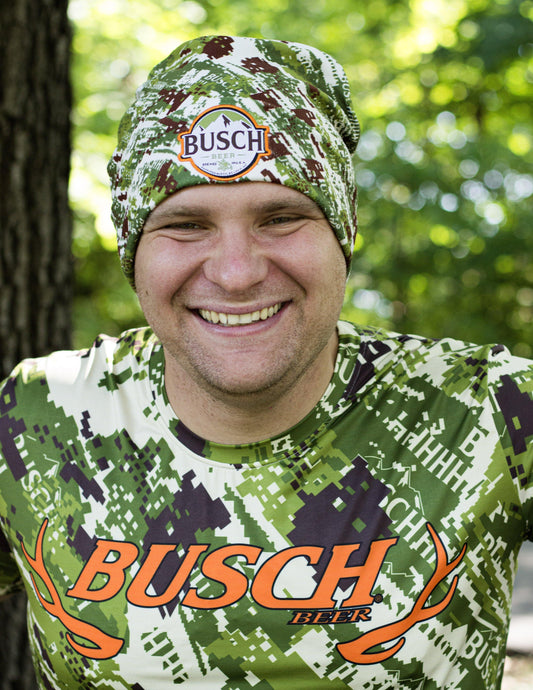 man wearing Green Camo Busch Beanie