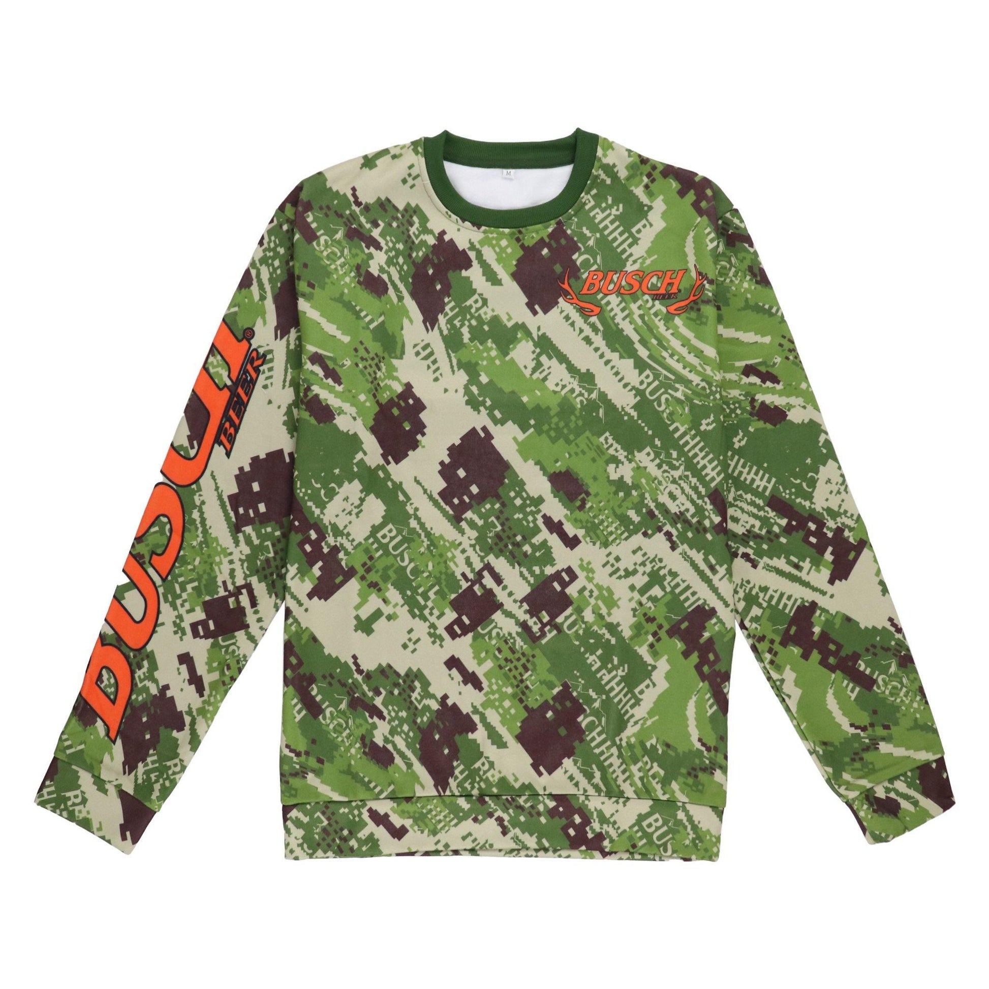green busch camo sweatshirt with orange "busch" on right sleeve and upper chest area