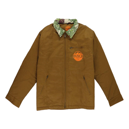 busch camo heavyweight jacket with orange busch logo in left chest area below pocket