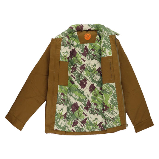 busch camo heavyweight jacket with orange busch logo in left chest area below pocket and camo print on the inside of jacket