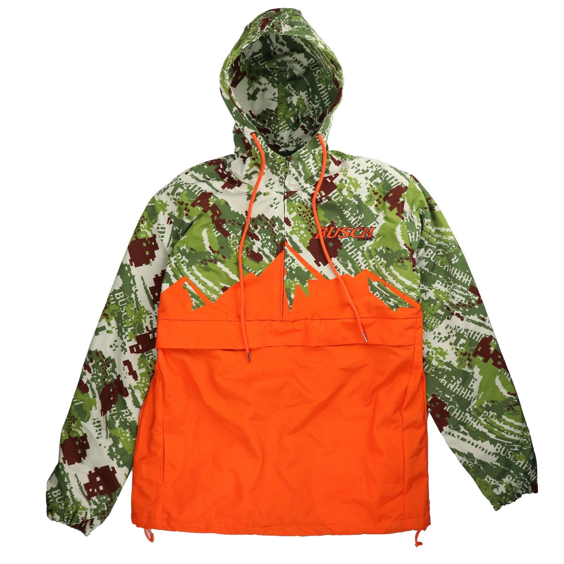 busch camo softshell jacket with the bottom half in the color orange