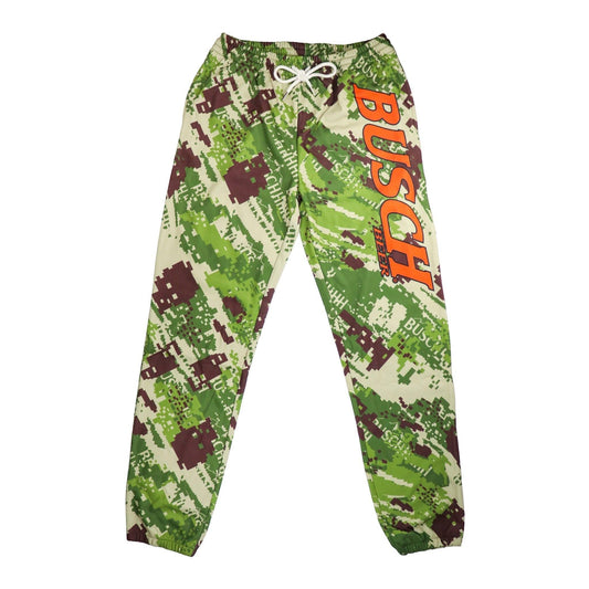 busch green camo sweatpants with busch beer in orange capital letters on the upper left thigh