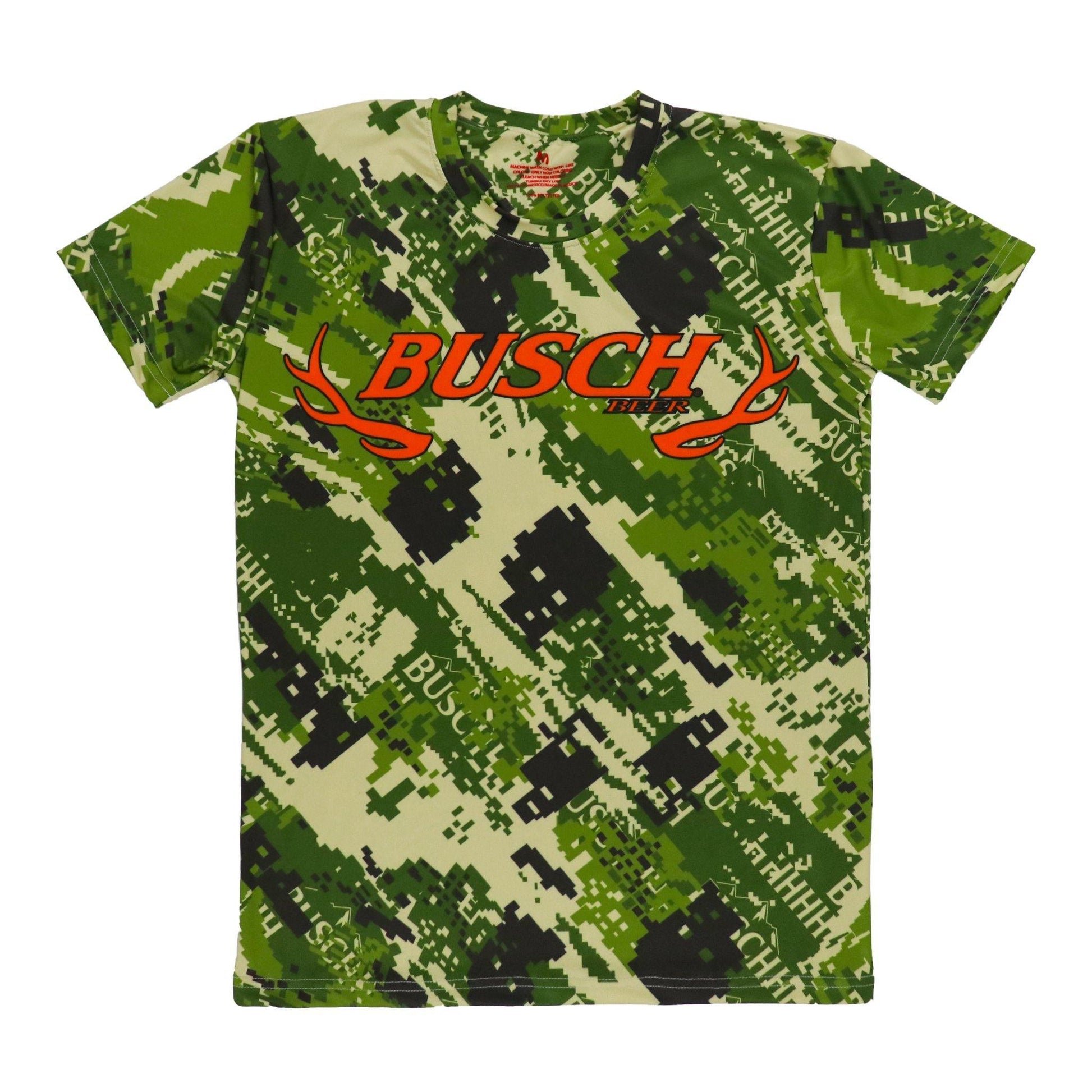 green busch camo t shirt with busch beer logo in orange with orange antlers on both ends