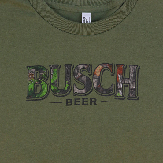 Close up of Busch Beer logo. busch has camo design inside of it. logo feature across full front chest.