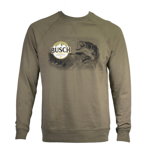 Olive green crewneck sweatshirt with Busch Beer logo on front right chest and bass jumping out of water on left front chest