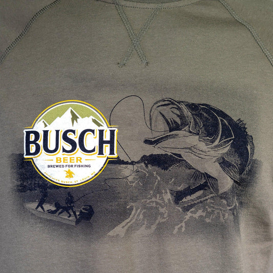 Close up of Busch Beer logo and fish on front of crewneck