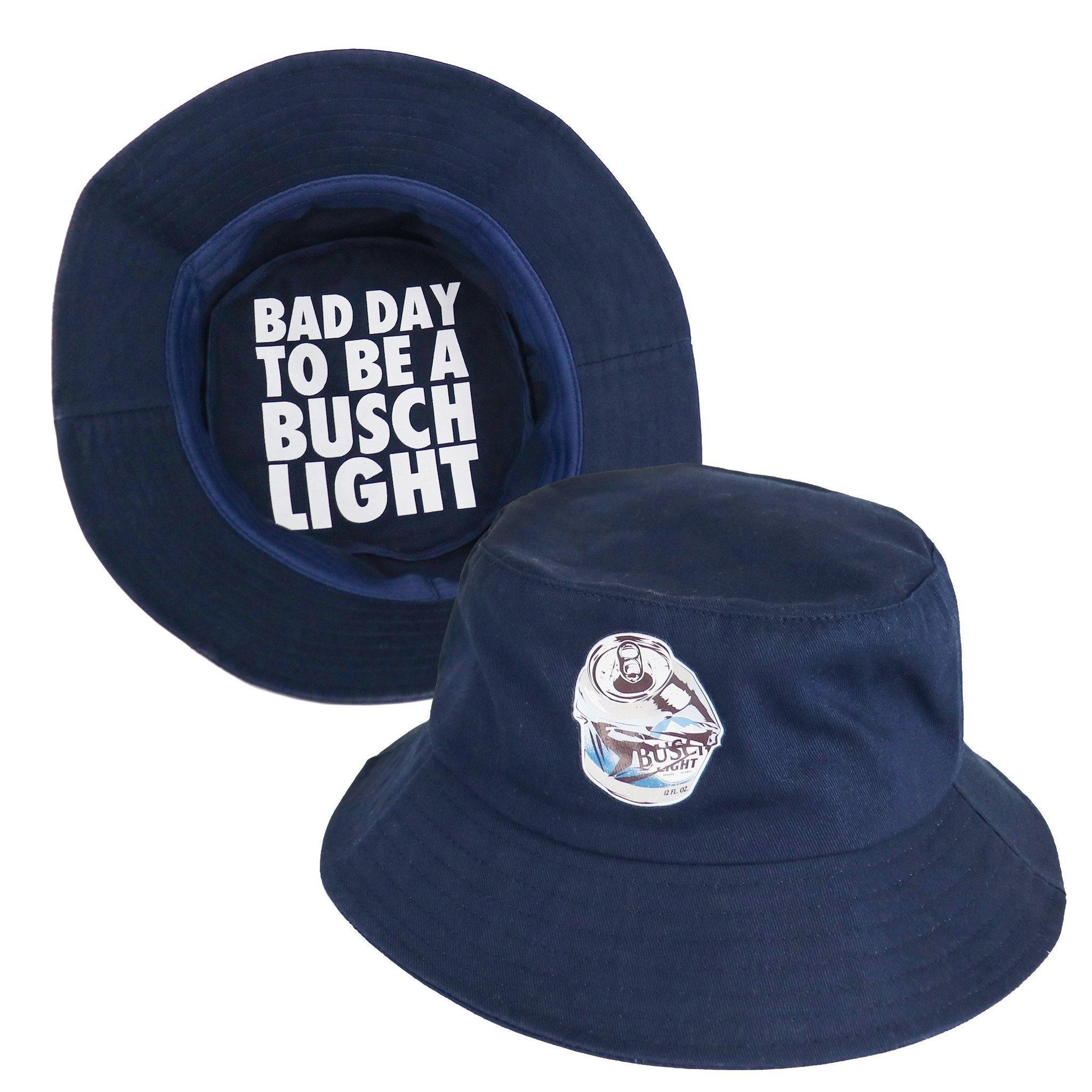 busch light bad day bucket hat that says bad day to be a busch light on the inside of hat and a busch light can smashed on the front of the hat