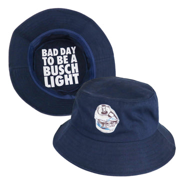 busch light bad day bucket hat that says bad day to be a busch light on the inside of hat and a busch light can smashed on the front of the hat