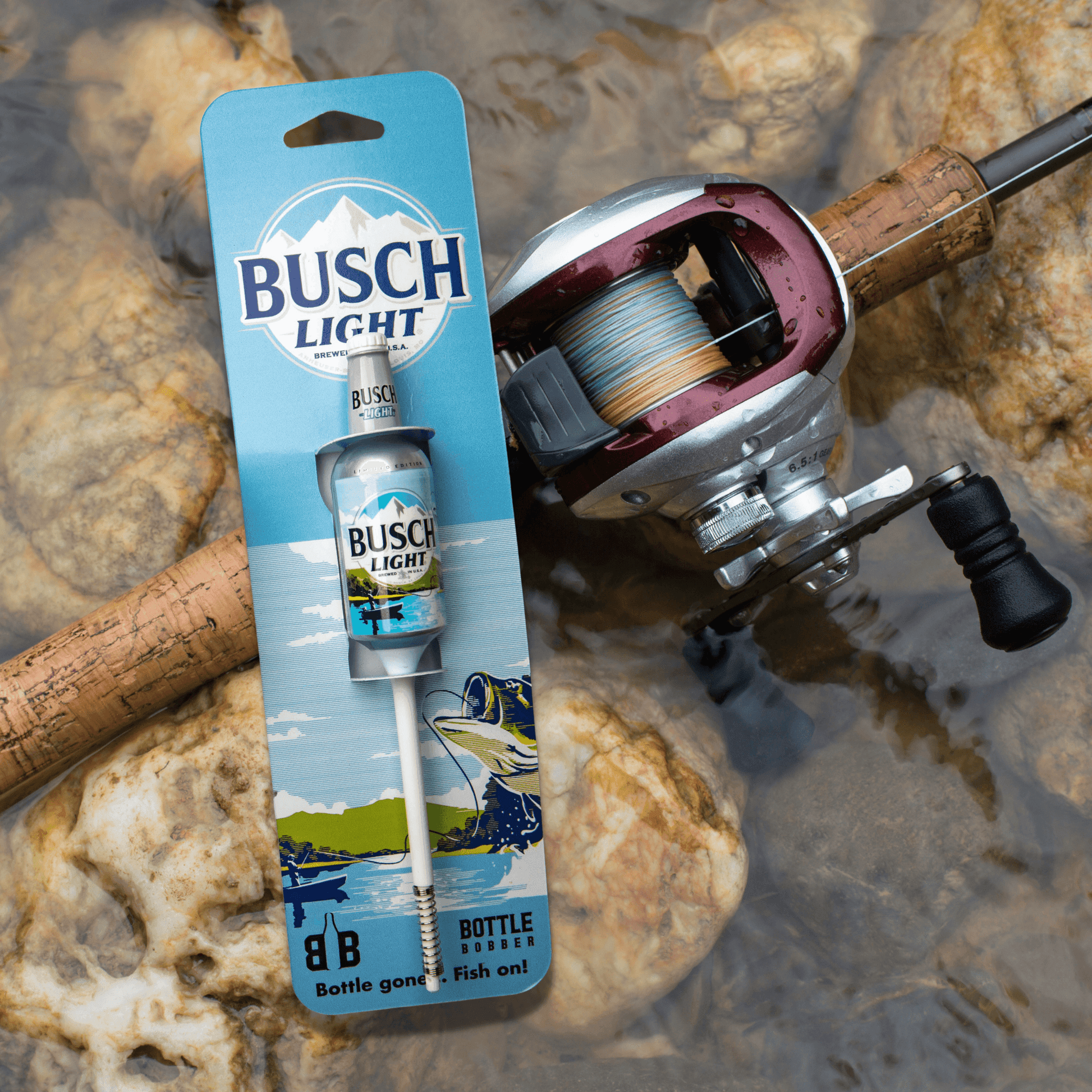 busch light bottle bobber with fishing rod