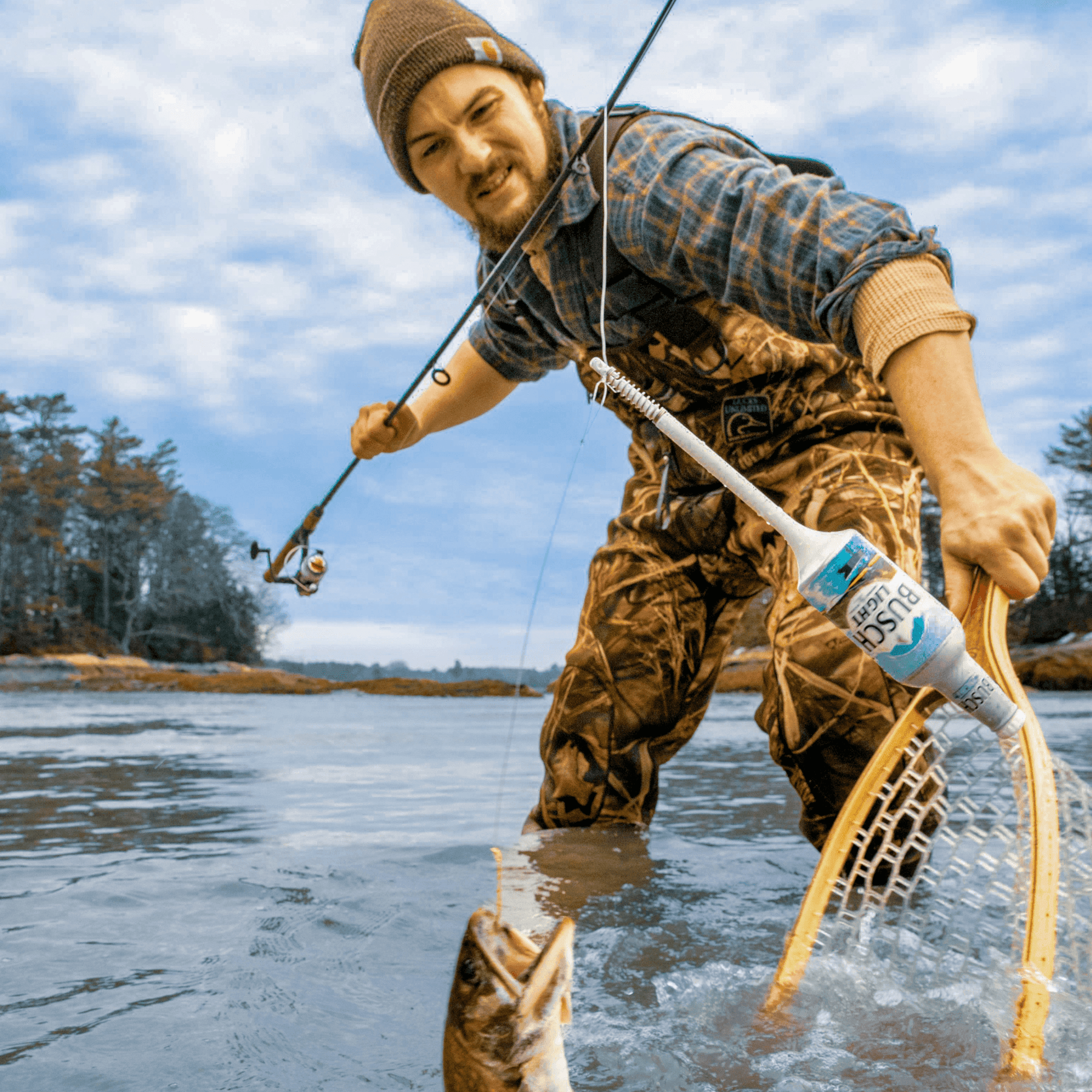 fisherman using busch light bottle bobber