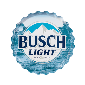 busch Light logo on a metal sign in the shape of bottle cap