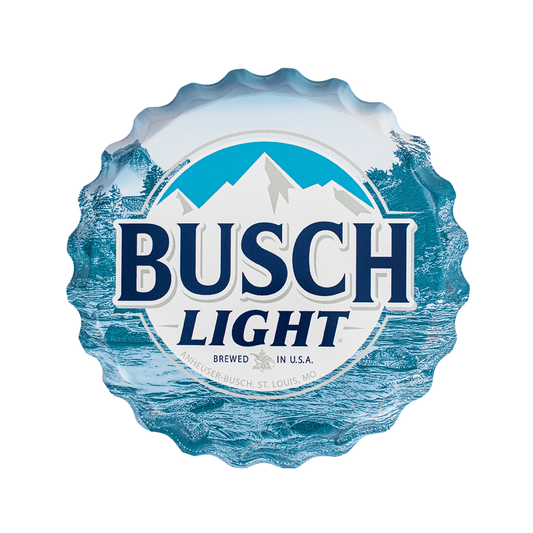 busch Light logo on a metal sign in the shape of bottle cap