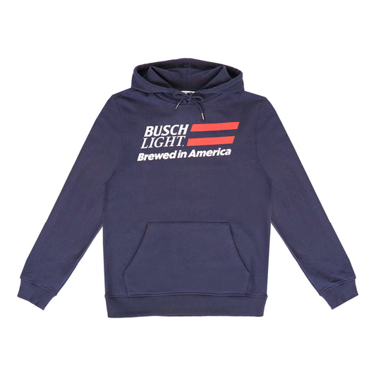 Navy blue hoodie with Busch Light logo on a white background