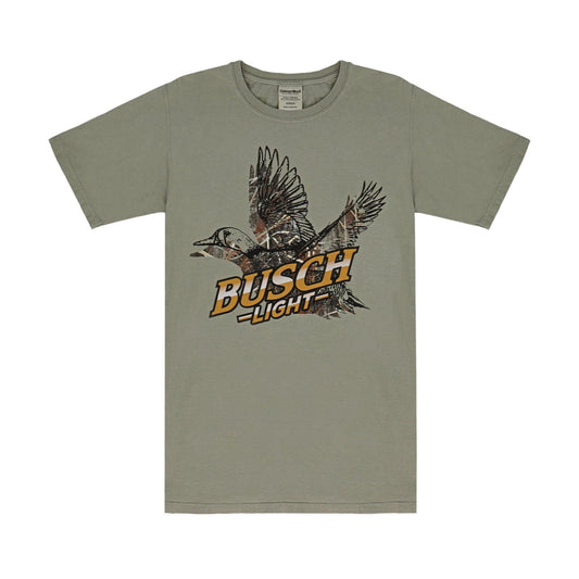 front of shirt with camo duck and Busch light 
