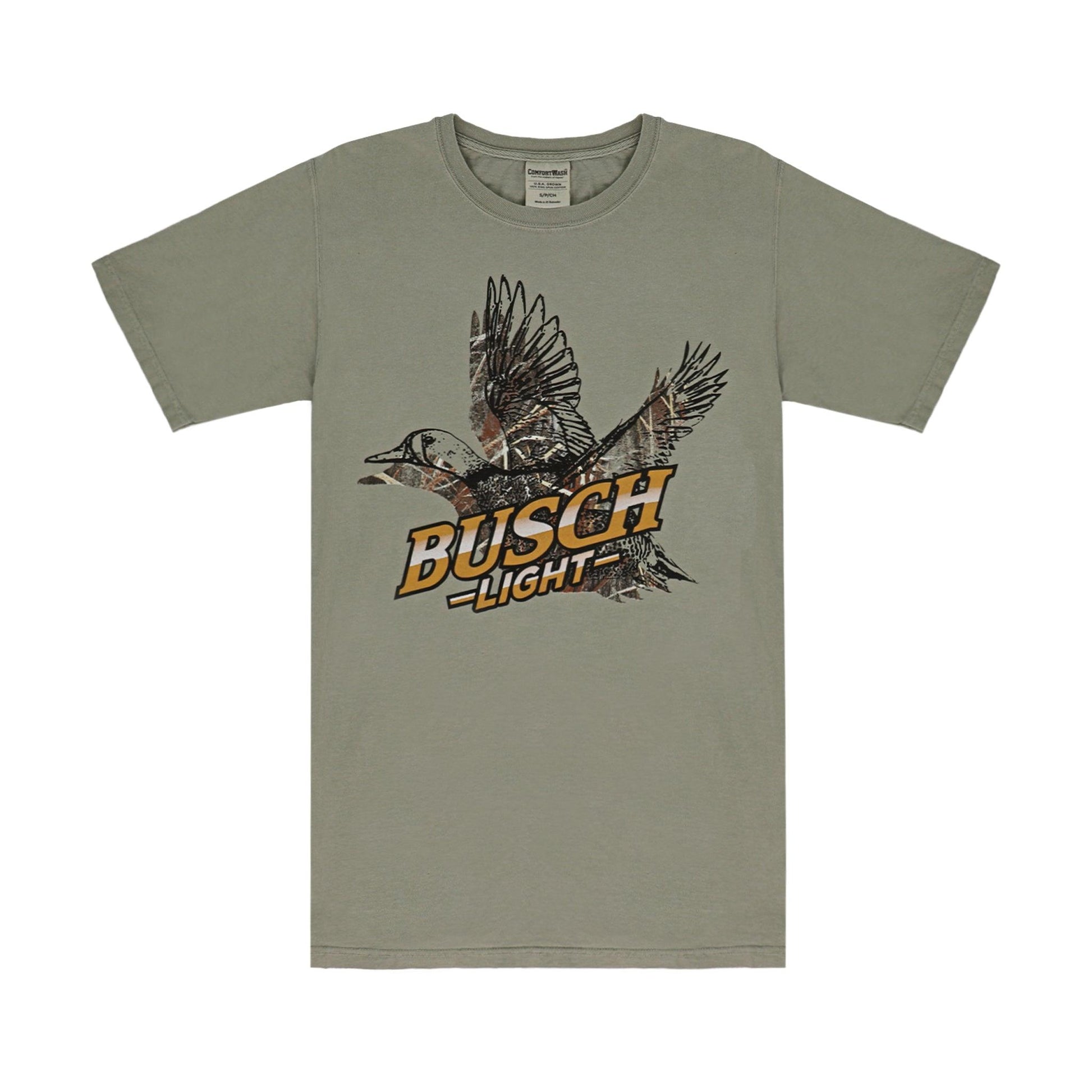 front of shirt with camo duck and Busch light 