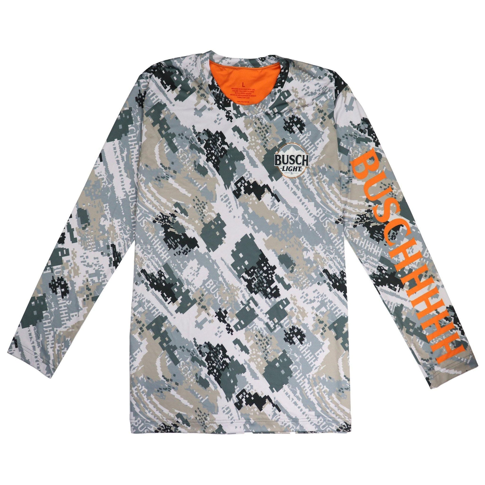 busch light grey camo long sleeve t shirt with buschhhhh in orange and capital letters on left sleeve. inside of shirt is orange
