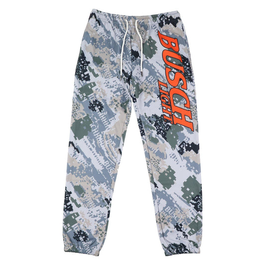 grey busch light camo sweatpants with orange "busch light" on the upper left thigh