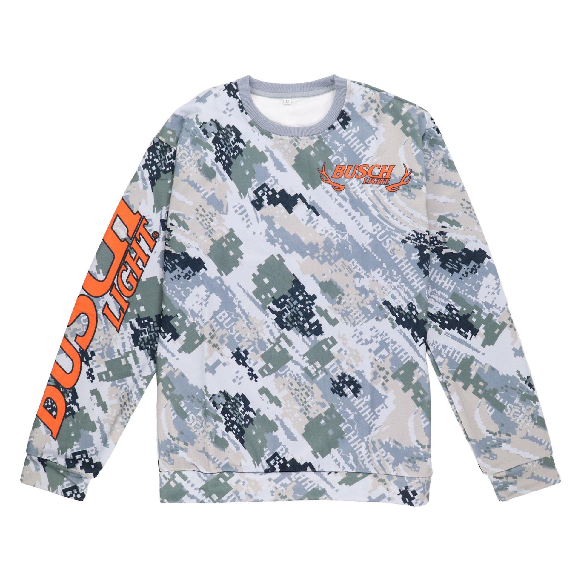 grey busch light camo sweatshirt with "busch light" in orange on right sleeve and upper left chest area