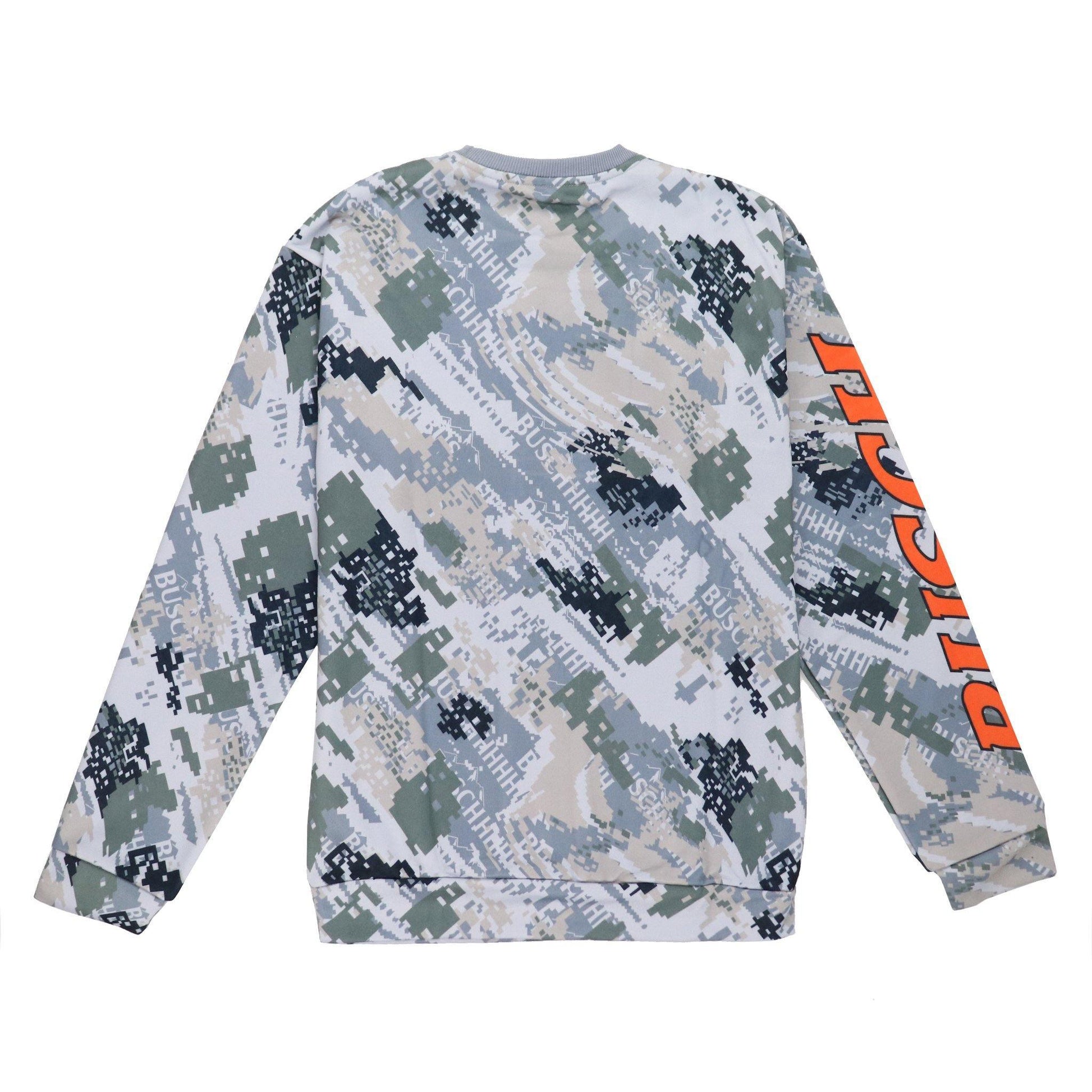 back of grey busch light camo sweatshirt with "busch light" in orange on right sleeve