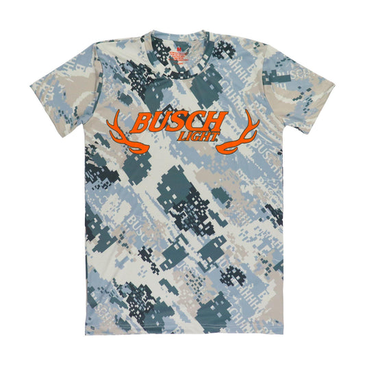grey camo busch light camo t shirt with orange busch logo and orange antlers on both ends