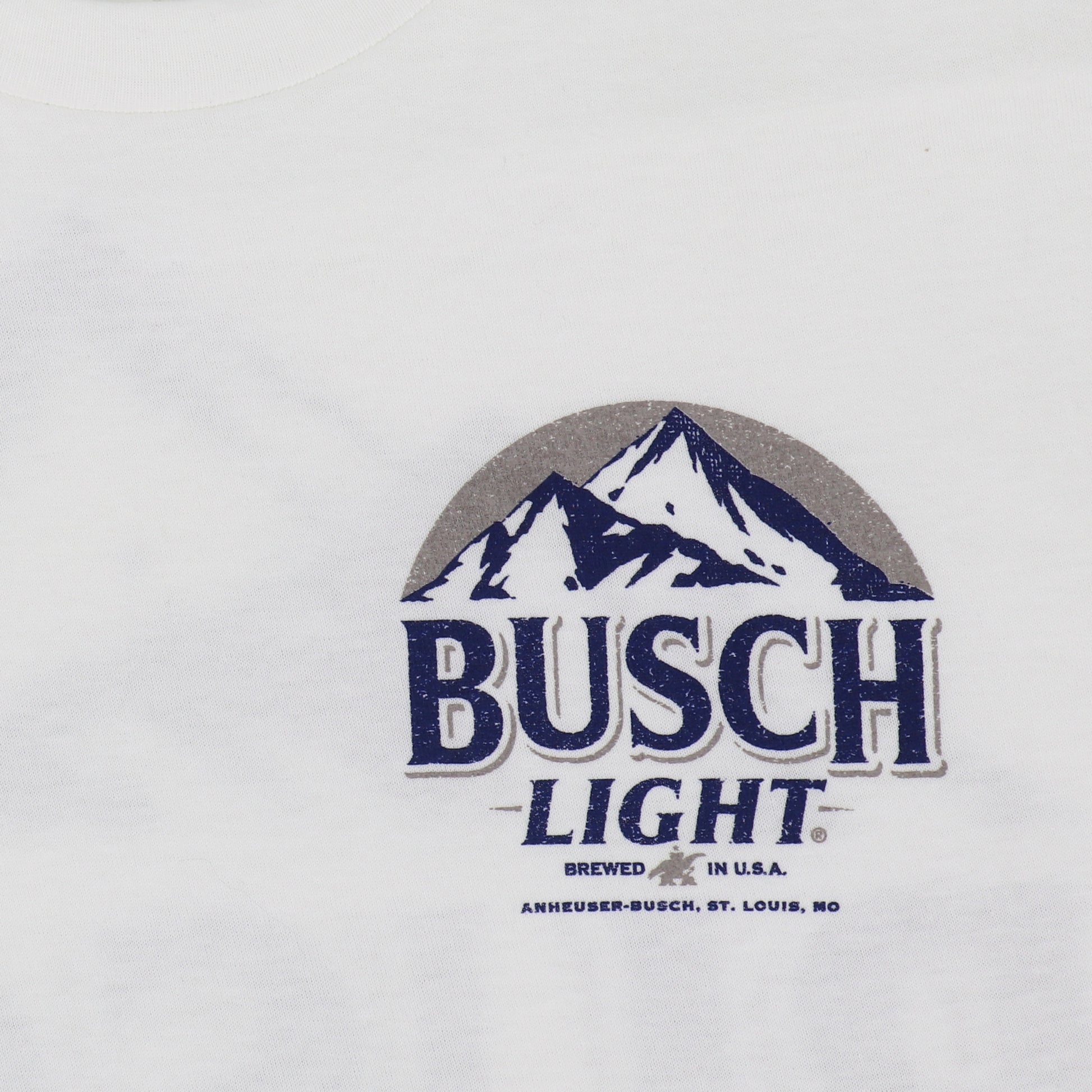 Close up view of Busch Light logo on front of t-shirt