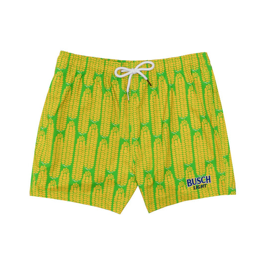 Front of Busch Light Corn Swim Trunks with white drawstrings. green trunks with corn on the cob decoration