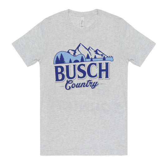 Front of Busch country t-shirt with guitar under busch mountains 
