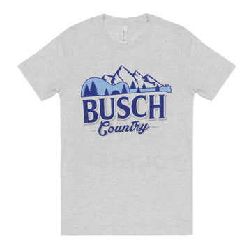 Front of Busch country t-shirt with guitar under busch mountains 
