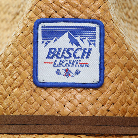 Closeup of front logo on Busch Light Vintage Cowboy hat