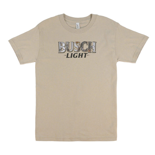 cream/tan color busch light camo t-shirt.