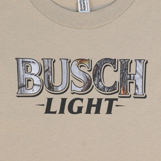 Close up of Busch Light logo and camo design inside of Busch. logo featured across the front full chest of t-shirt.
