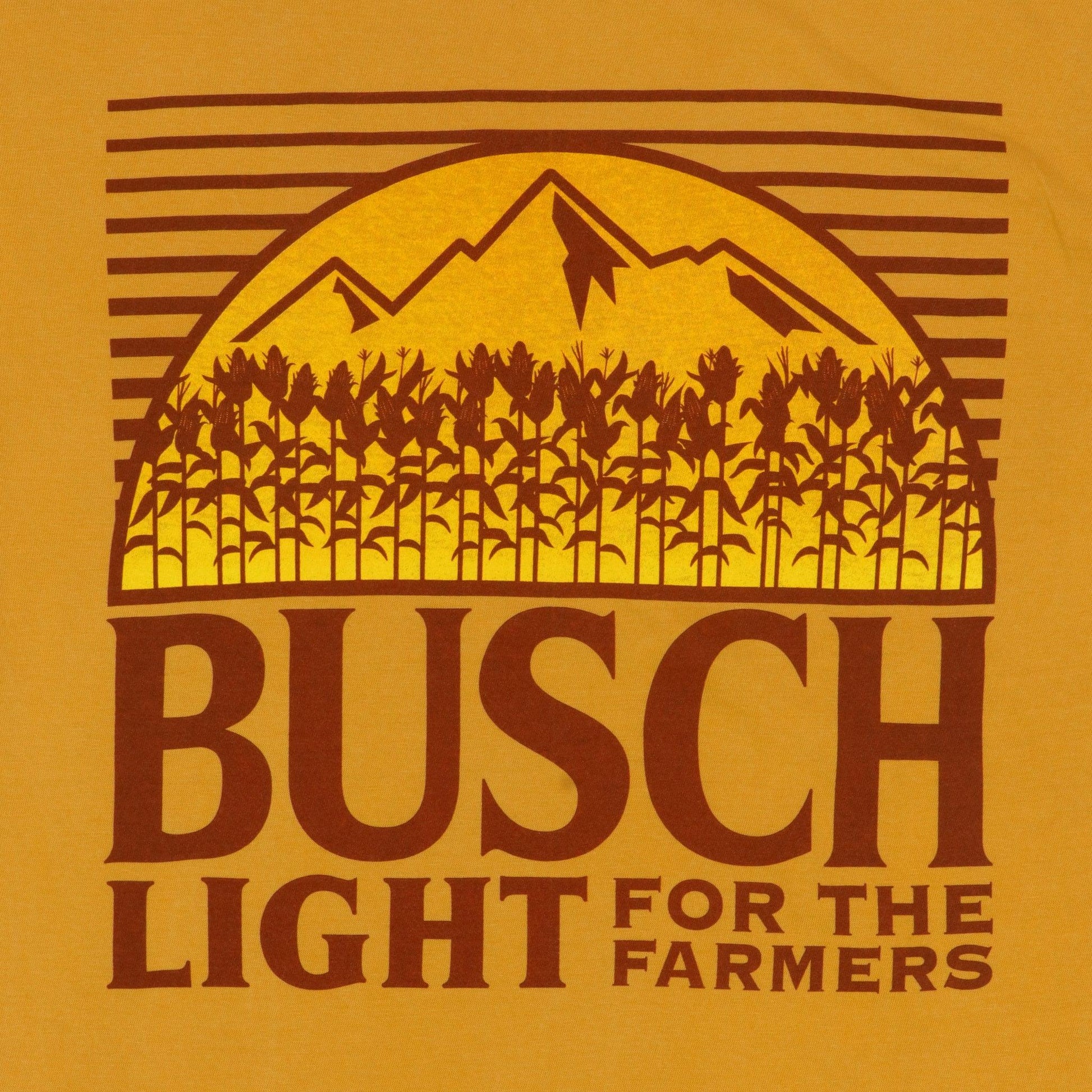 close up of the design on front of tee. Busch Light For the farmers with Busch Light mountains with corn stalks in front
