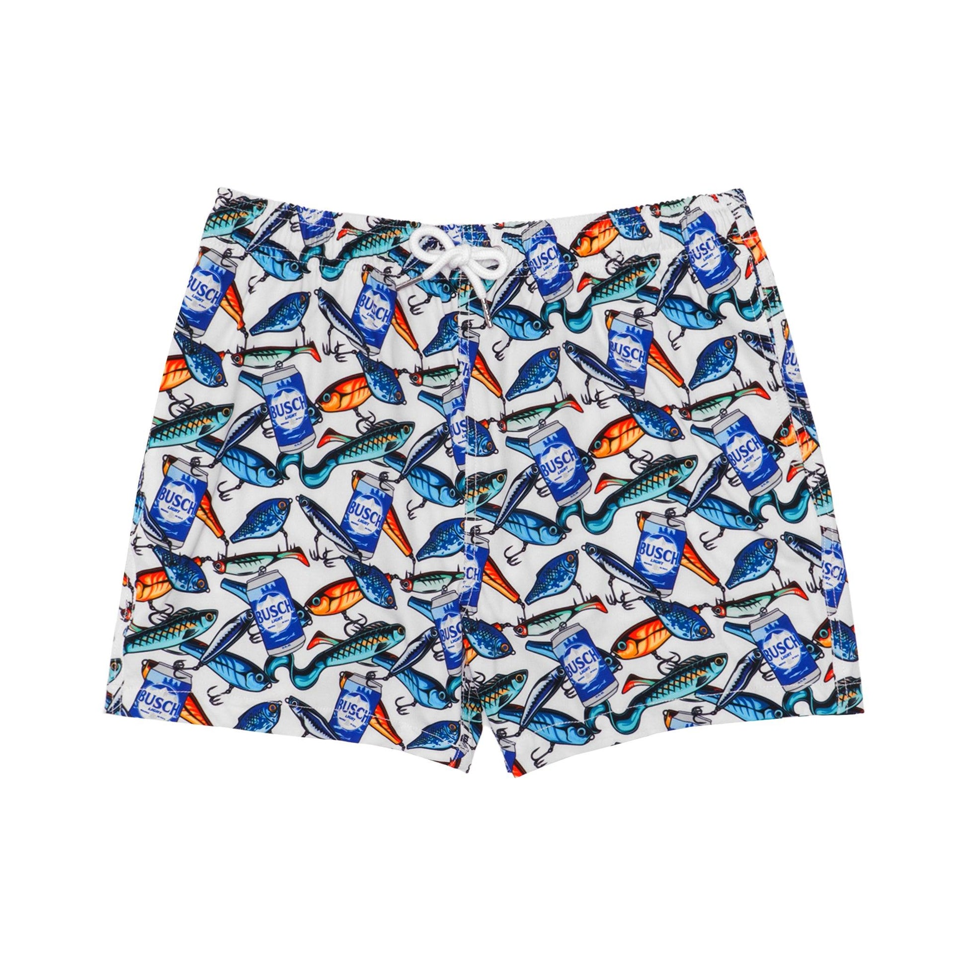 front of Busch Light Fishing Lure Swim Trunks with Busch Light cans and fishing lures scattered all over the trunks.