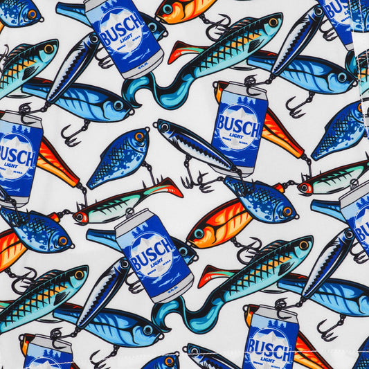close up of the Busch Light can and fishing lure scatter print