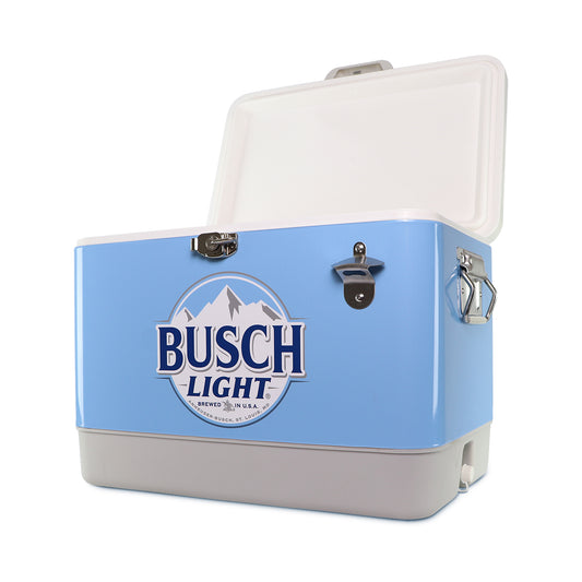 View of Busch Light cooler with lid open