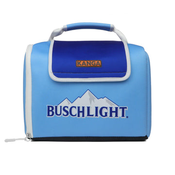 Busch Light logo 12 pack Kanga Kase. Light blue with dark blue flap, features light blue carry handle