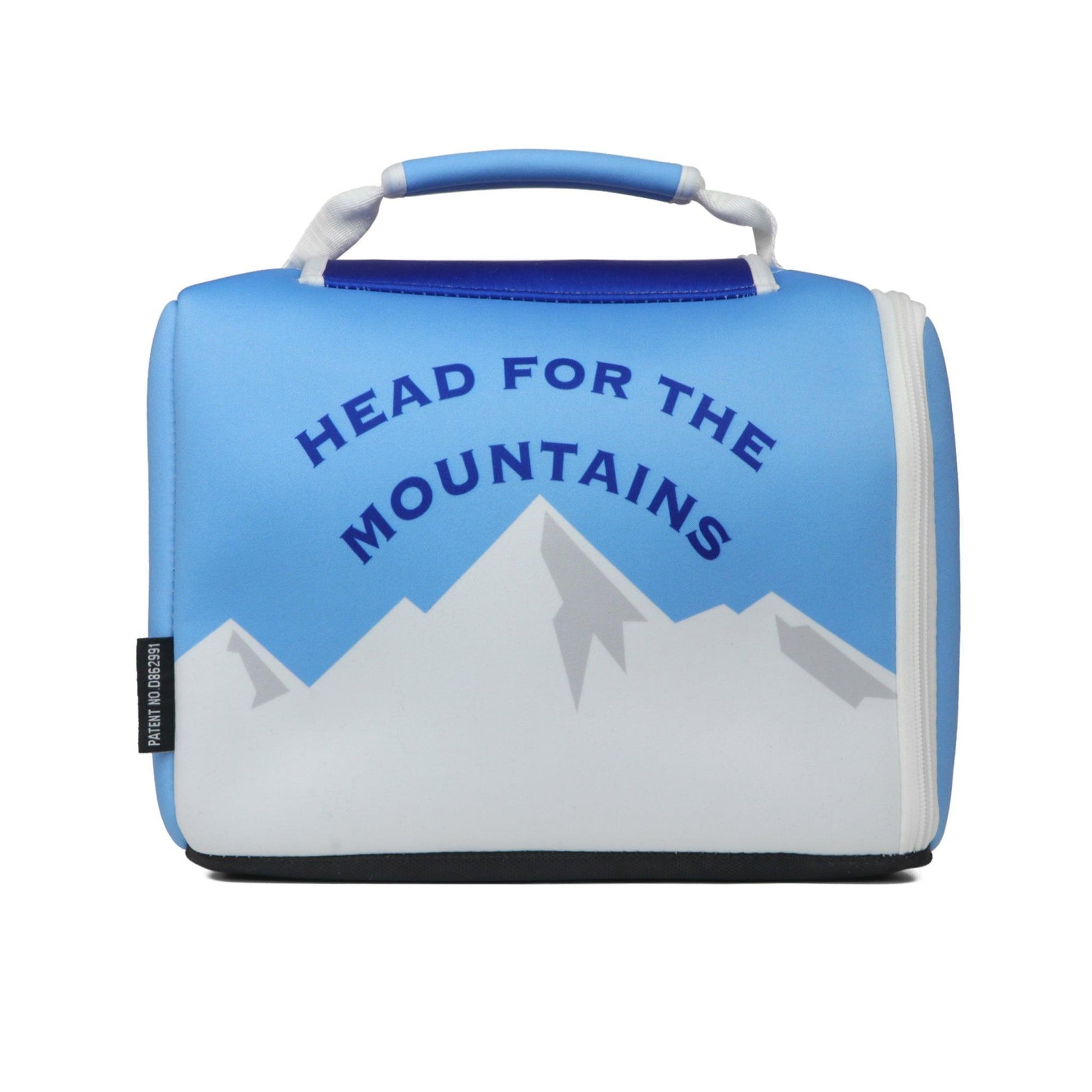 Back of Kanga that reads Head For The Mountains with white mountains under