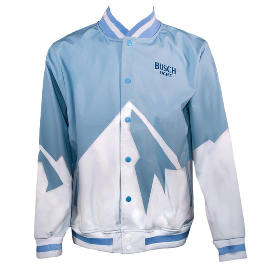 Front of Light Blue with white mountains Busch Light button down jacket
