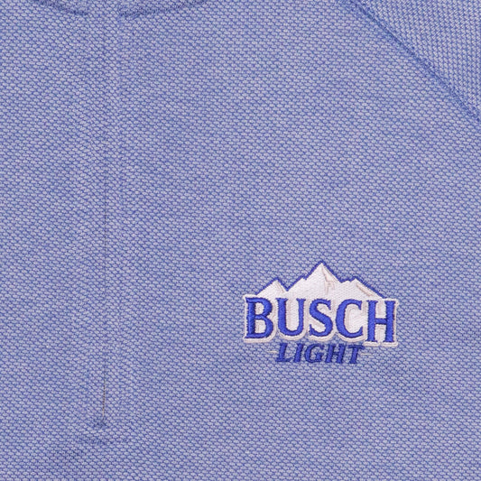 close up of embroidered Busch Light mountains logo on front left chest of 1/4 zip