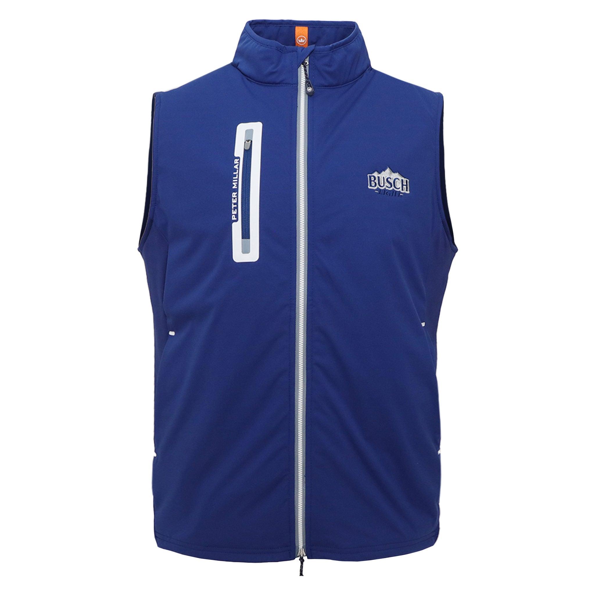 Navy Busch Light Full zip Vest with Busch Light logo on front left chest and zipper pocket on front right chest.