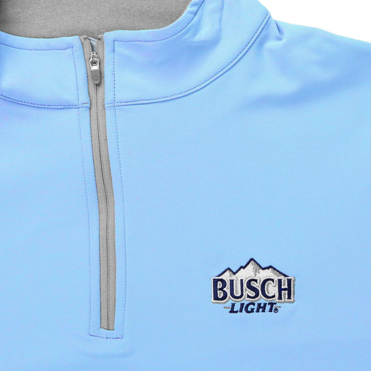 close up of embroidered Busch Light logo on front left chest