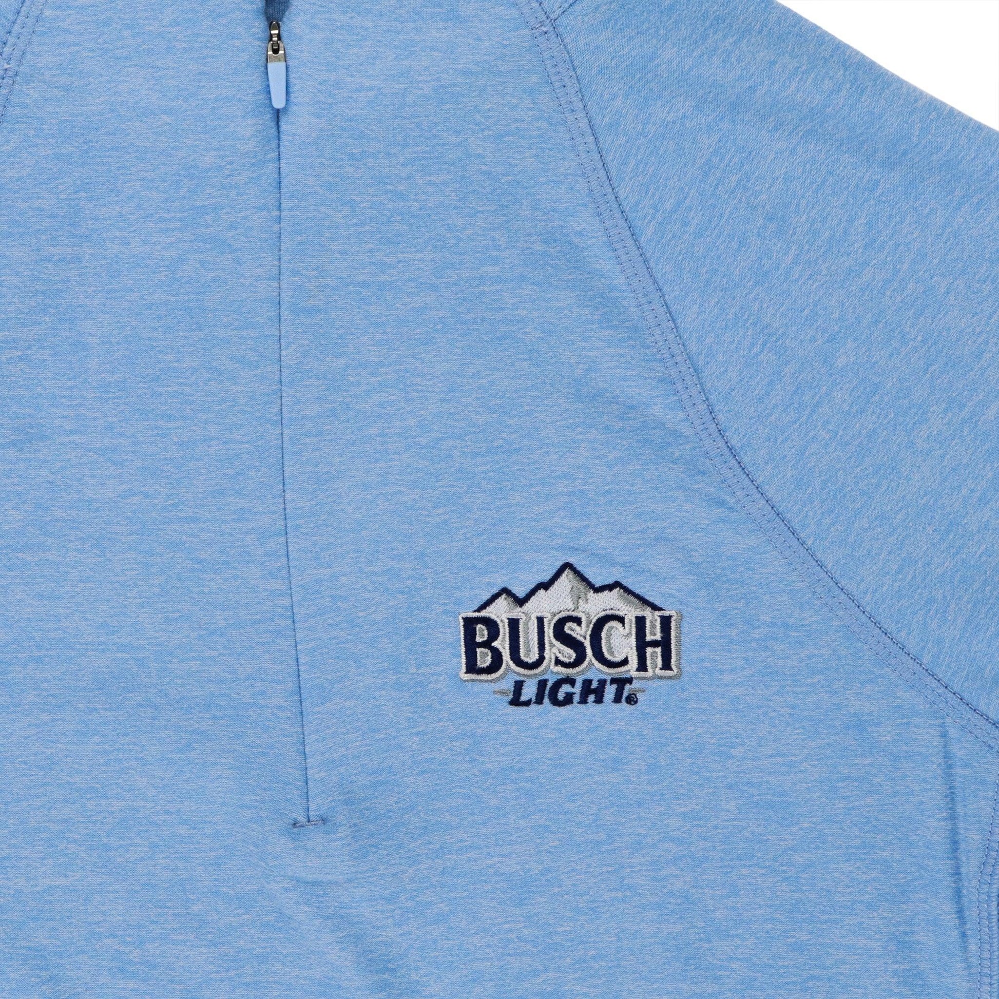 Close up of embroidered Busch Light logo on front left chest.
