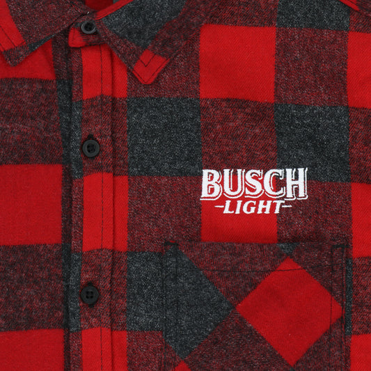 Close up of logo on front of Busch Light Plaid Flannel Shirt