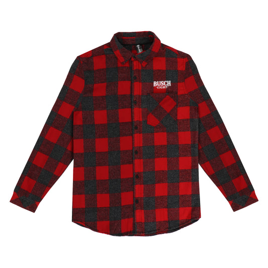 Front view of Busch Light Plaid Flannel Shirt