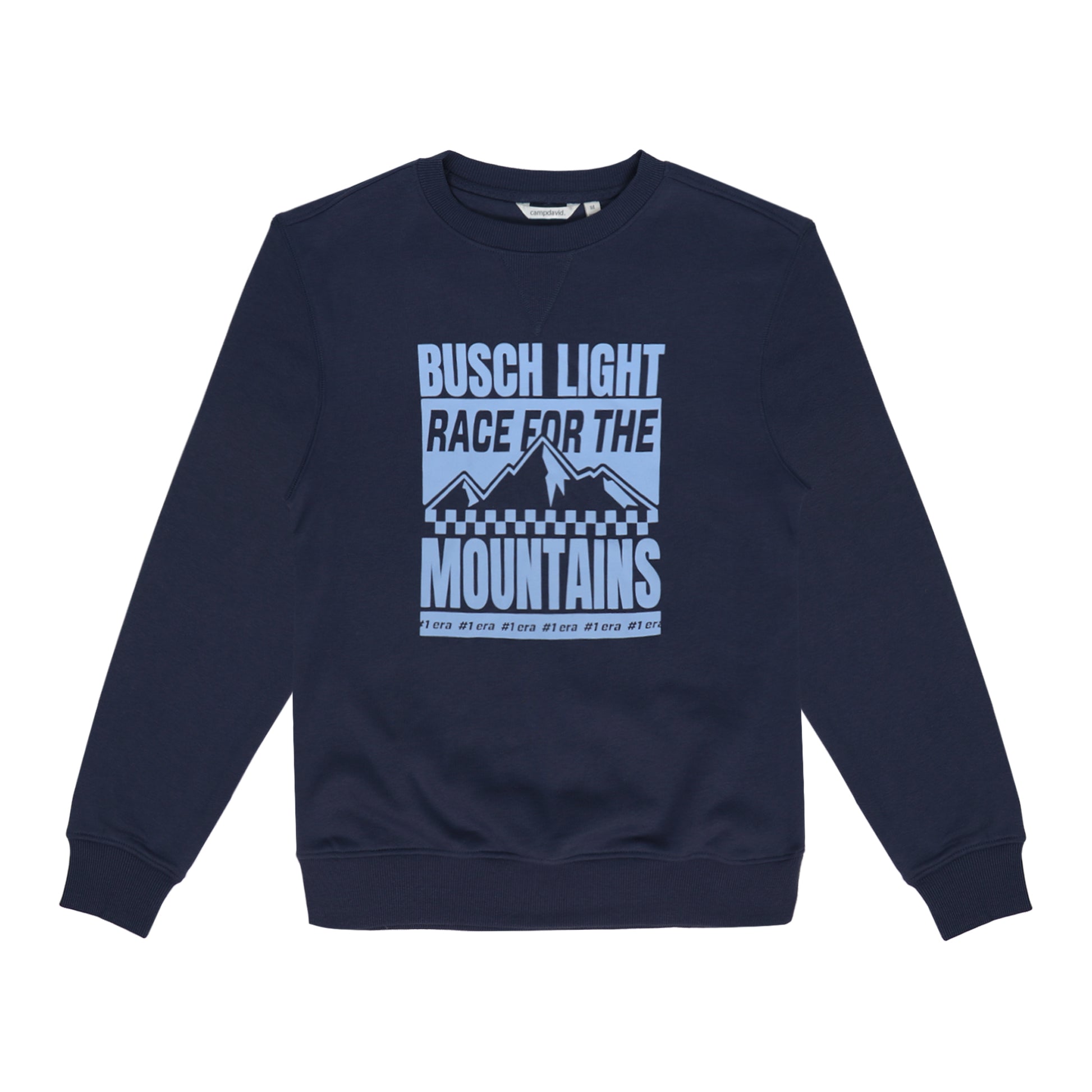 Front view of navy Busch Light Racing Sweatshirt. "Race for the mountains"