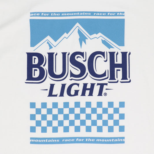 Close up of front graphic, Busch Light logo with mountains and checkered flag