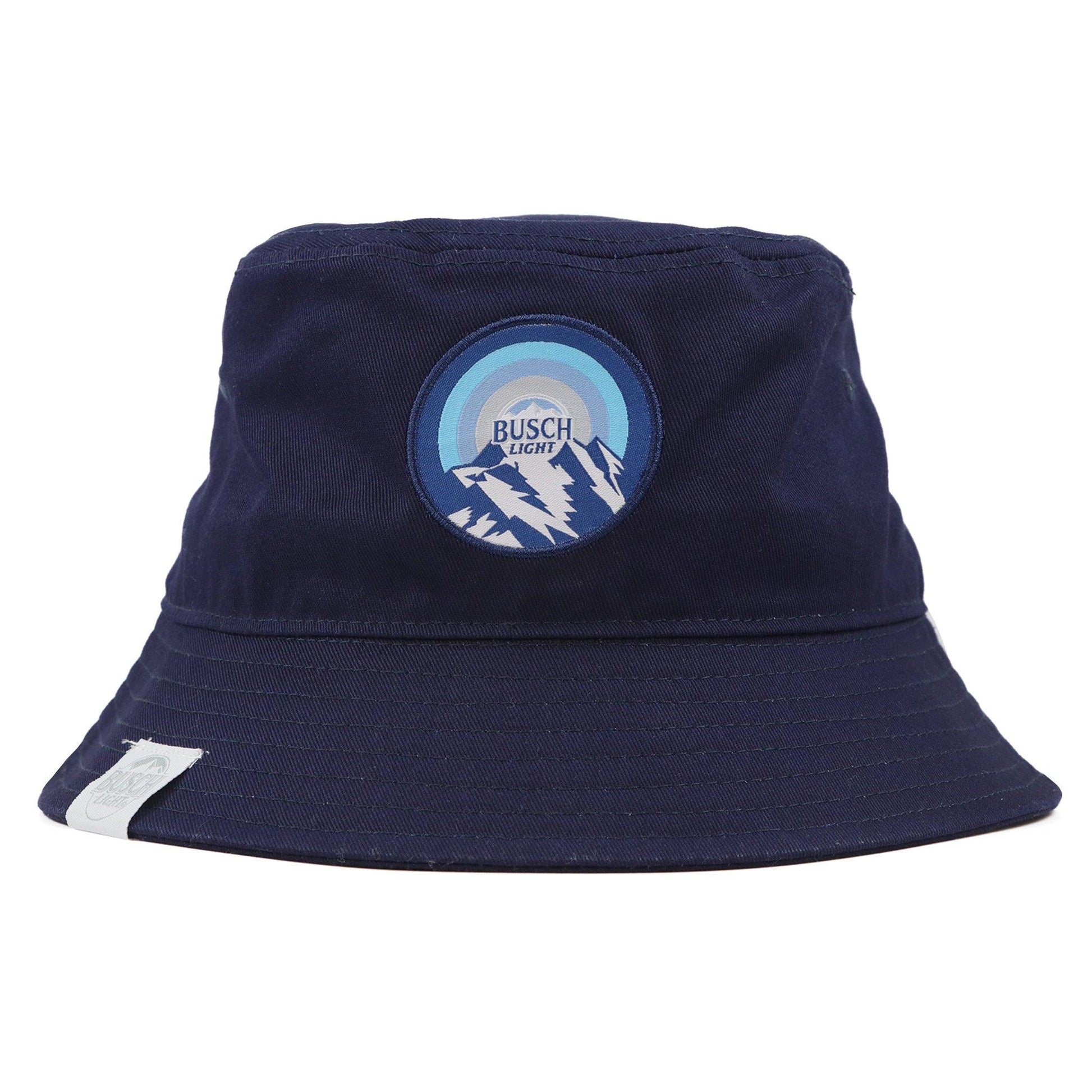 Navy bucket hat with Busch Light patch on front and Busch Light logo tag on brim of hat.