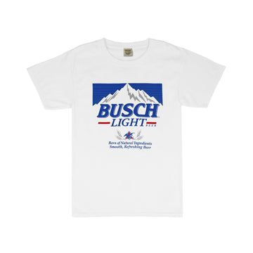 retro busch light logo on front of white t-shirt 