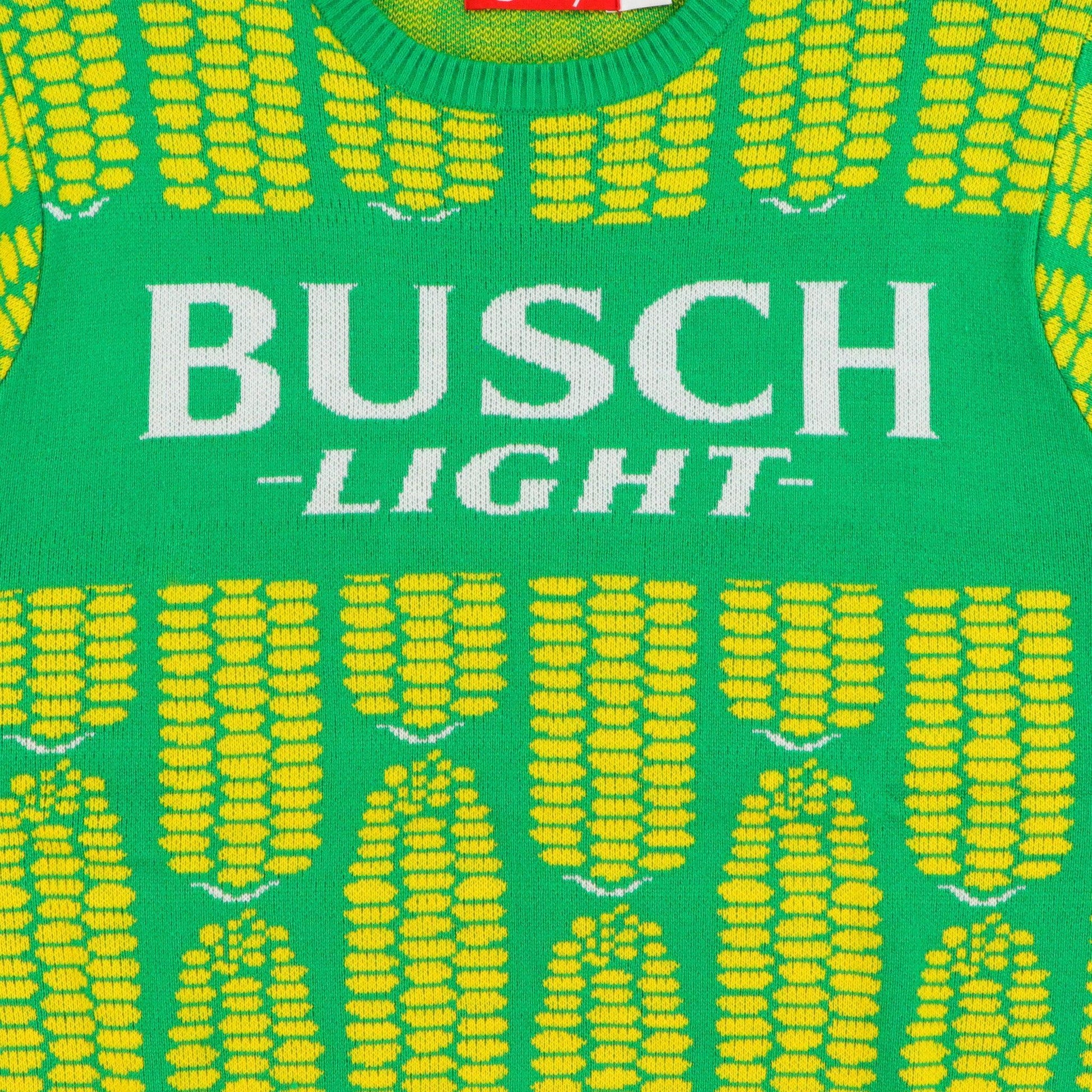Closeup of "Busch Light" on Busch Light Shuck Yeah Sweater
