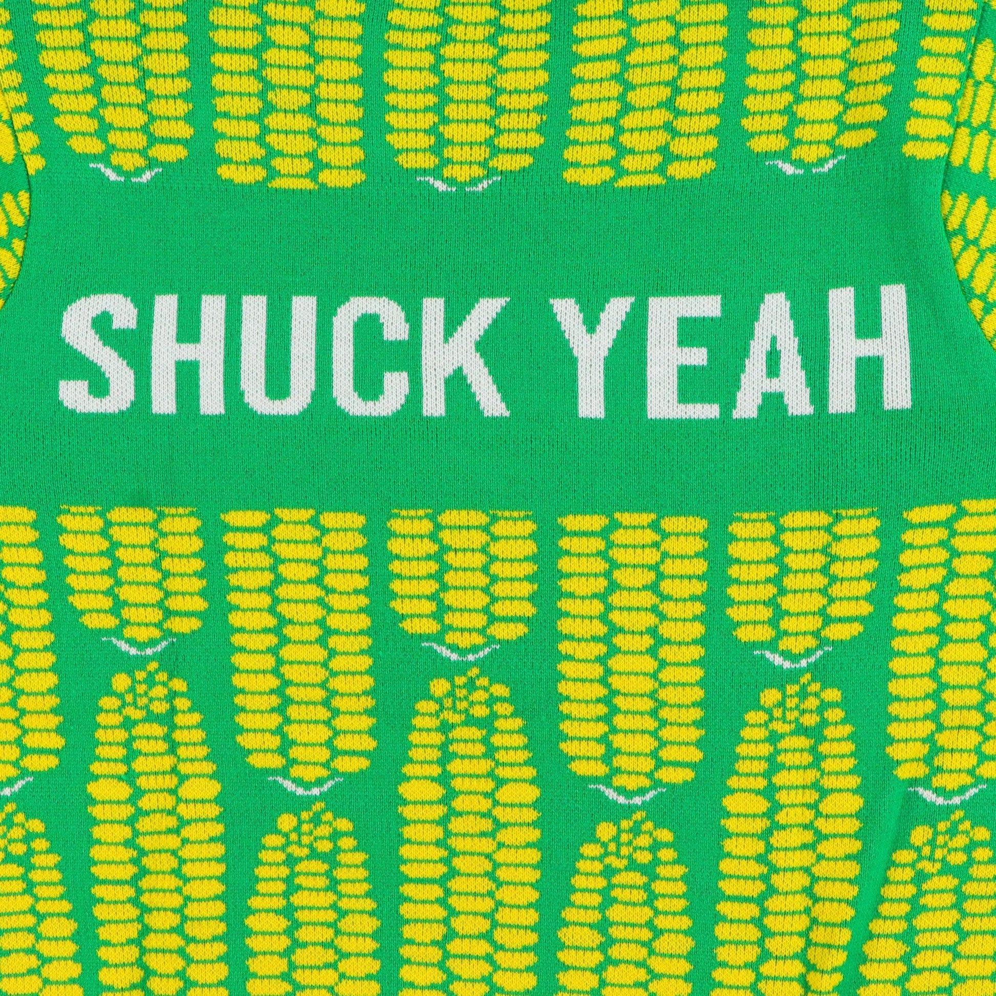 Closeup of "Shuck Yeah" on Busch Light Shuck Yeah Sweater